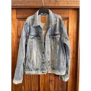 Lucky Brand embroidered American flag, distressed, denim, trucker jacket, medium